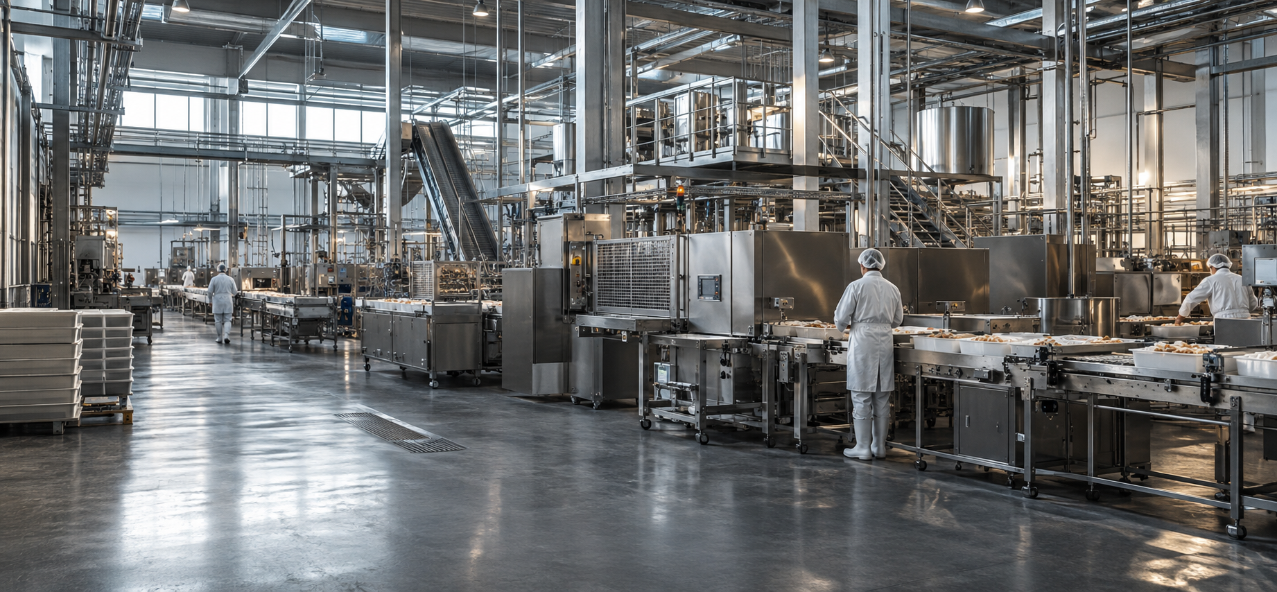 Nowoczesna hala produkcyjna z liniami i pracownikami